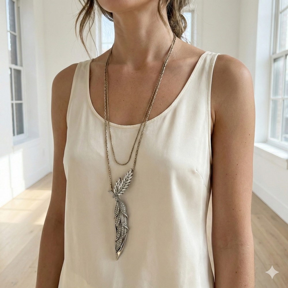 Lulu Frost for J.Crew Crystal Feather "Winged Glory" Long Pendant Necklace